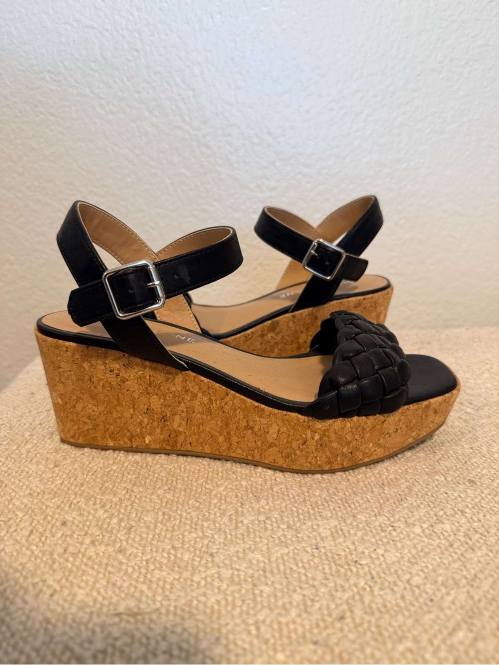 Black Woven Strap Cork Wedge Sandals with Ankle Buckle